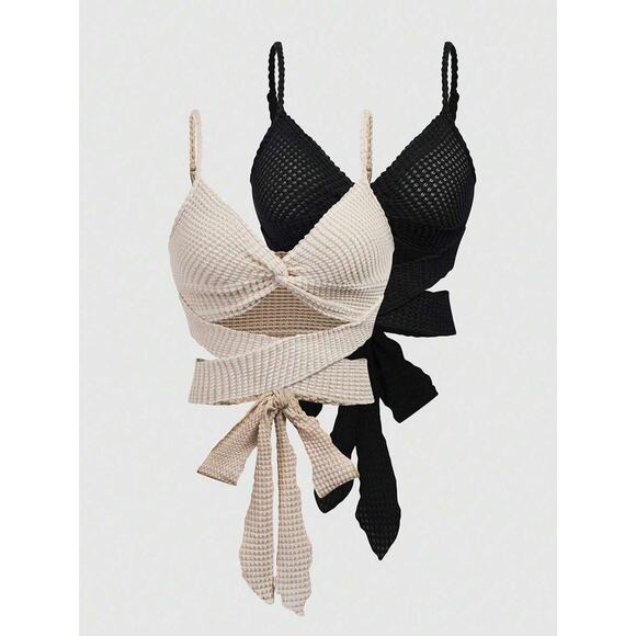 Set of Beige & Black Chic Boho Vacation Beach Knit Crop Tops S(4) - Picture 1 of 5